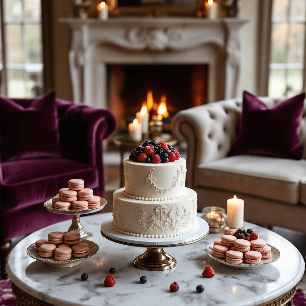 Cozy living room adorned for an anniversary celebration, featuring a marble coffee table with a hand-painted cake, tiered stands of macarons and fresh berries, plush velvet armchairs, a tufted sofa with jewel-toned pillows, a crackling fireplace, and softly glowing candles.