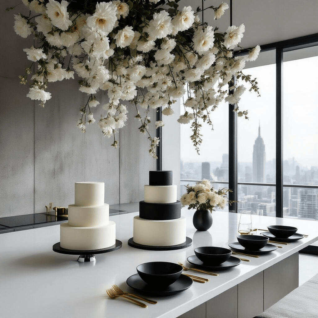 A chic, modern apartment styled for an anniversary soirée features a sleek kitchen island with geometric cakes, matte black dinnerware, brushed gold cutlery, and a dramatic floral installation suspended from the ceiling, all set against a city backdrop and polished concrete floor.