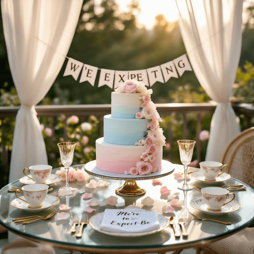 A sunlit terrace decorated for a pregnancy announcement party, featuring a three-tiered pastel ombré cake, vintage teacups, and elegant tableware, with a 'We're Expecting!' banner in the background.