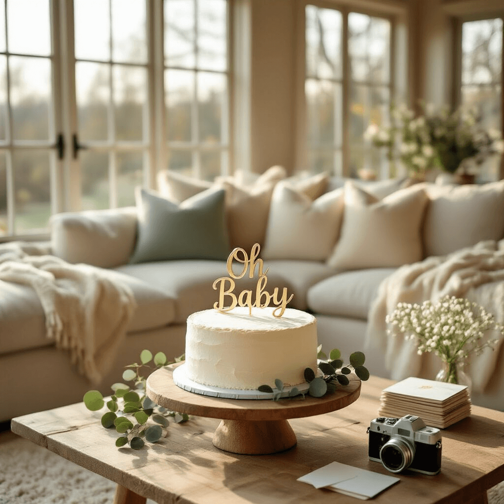 An intimate living room with warm afternoon light, featuring a rustic coffee table with an elegant white cake topped with a gold 'Oh Baby' cake topper, surrounded by eucalyptus and baby's breath, complemented by soft cream pillows, a plush rug, a Polaroid camera, and stack of blank cards, in a neutral color palette with sage green and warm wood accents.