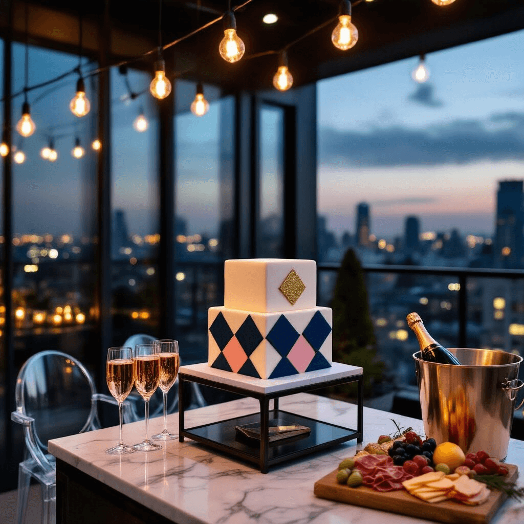 A modern rooftop terrace at twilight, featuring a sleek marble-topped bar cart with a contemporary square cake in navy and blush geometric patterns, gold leaf accent, surrounded by champagne coupes, a bucket of rosé, and a charcuterie board, with twinkling city lights reflecting in floor-to-ceiling windows and ghosted acrylic chairs adding to the urban luxe aesthetic.