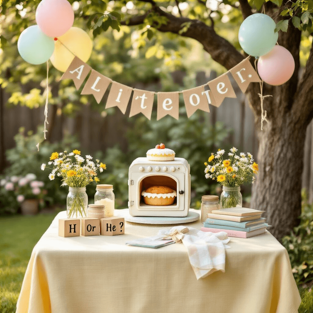 A whimsical backyard scene in soft morning light featuring a vintage farm table with a pale yellow tablecloth, a 'Bun in the Oven' themed cake, mason jars of wildflowers, wooden letter blocks, and children's books, with pastel balloons and a burlap banner suspended from a tree, all set against dewy grass and chirping birds.