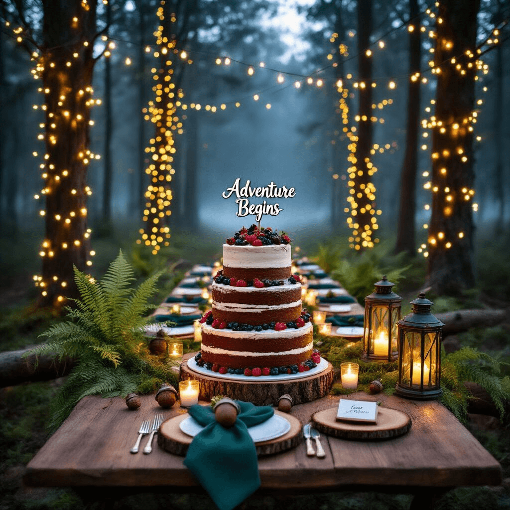 A serene forest clearing at dusk, adorned with fairy lights and a rustic wooden table set for an intimate gathering. The highlight is a naked cake with alternating layers of chocolate and vanilla, decorated with fresh berries and edible flowers, topped with a hand-painted 'Adventure Begins' sign. Vintage lanterns and moss-covered logs with tea lights surround the cake, while place settings feature wood slice chargers and deep green napkins, creating a magical, misty ambiance as daylight fades through the trees.