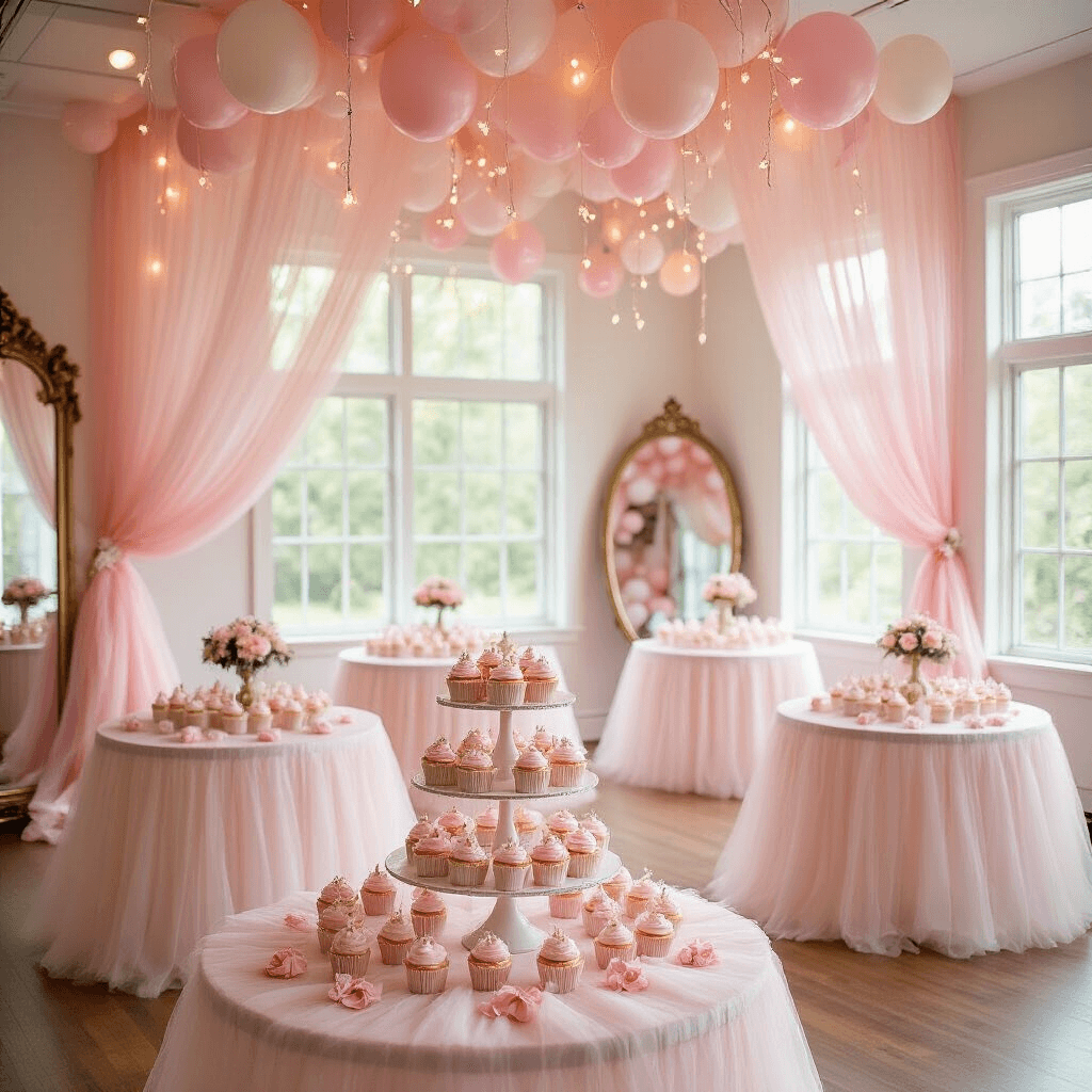 A dreamy ballerina birthday party in a sunlit dance studio, featuring blush pink tulle drapes, round tables with layered tulle skirts, miniature ballet slippers and pink roses as centerpieces, a grand mirror reflecting pastel balloon garlands and fairy lights, and a tiered cake stand with ballet-themed cupcakes.