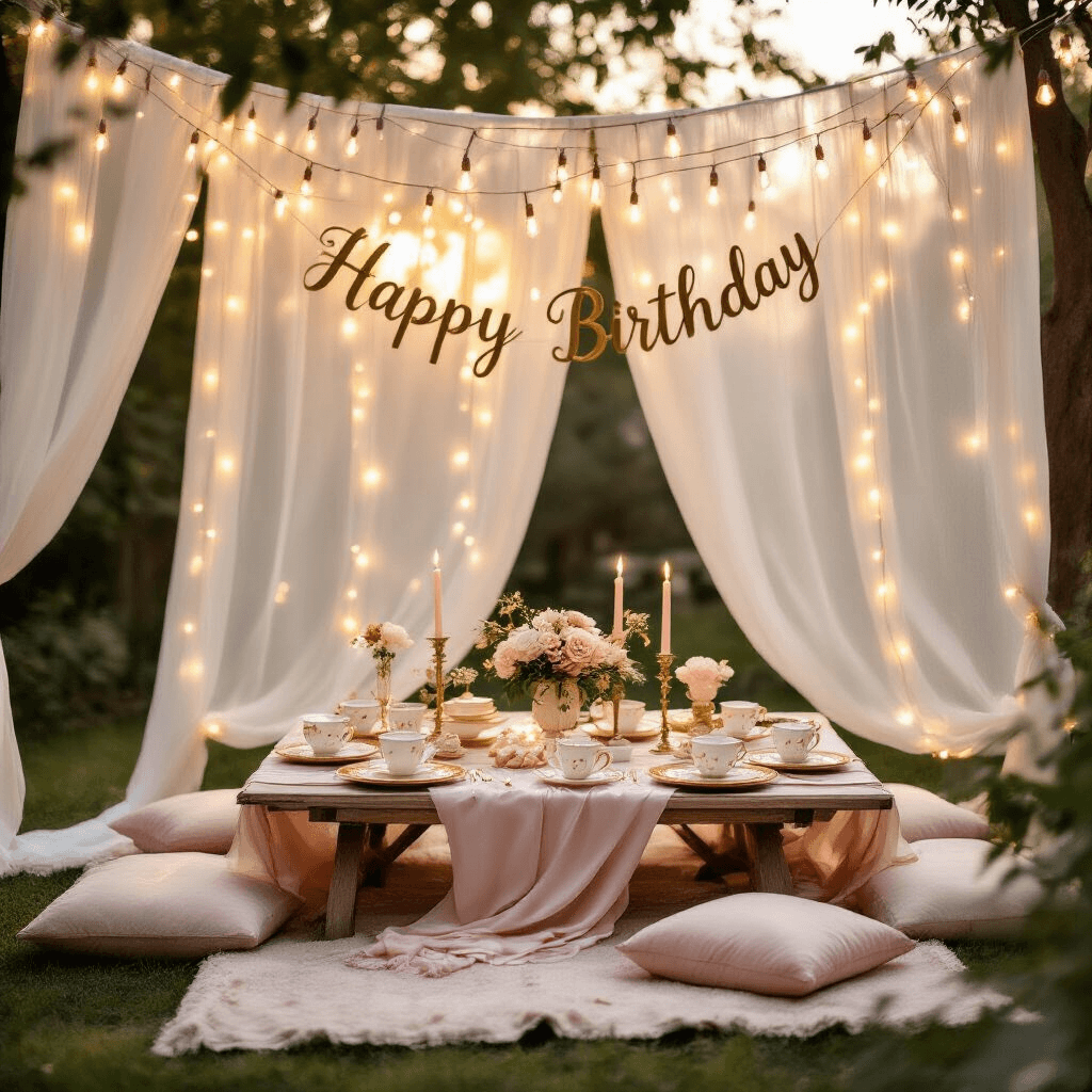 An intimate backyard celebration for a ballerina, featuring a low picnic table with a blush silk tablecloth, surrounded by plush cushions. Warm fairy lights crisscross above, and gold-rimmed plates and floral teacups adorn the table, alongside ballet slipper-shaped cookies. Sheer white curtains and a gold calligraphy 'Happy Birthday' banner complete the whimsical scene bathed in golden hour light.