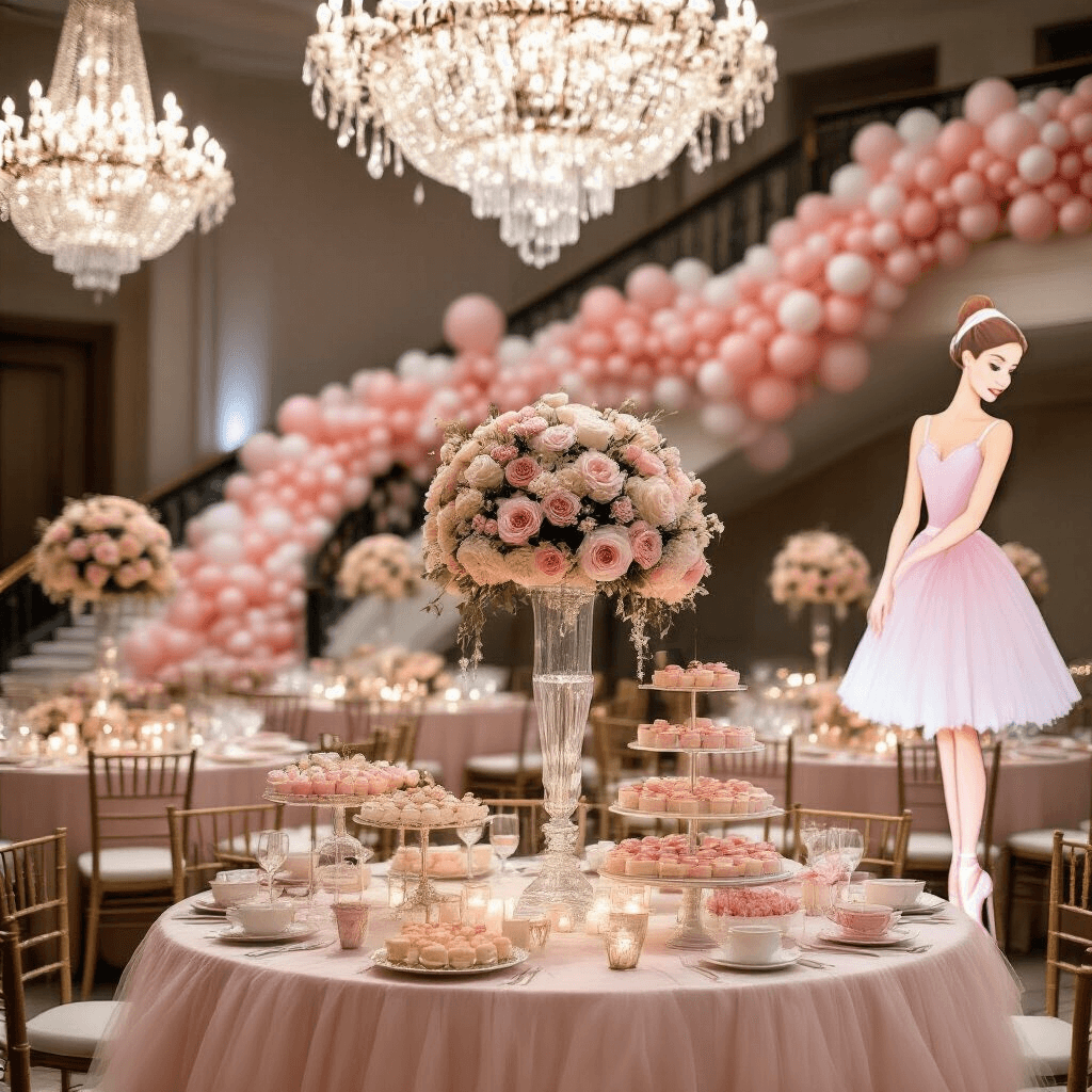 An elegant indoor ballroom decorated for a grand ballerina birthday gala, featuring crystal chandeliers, blush tulle-draped tables with floral centerpieces, a sweeping staircase with an ombré balloon installation, a dessert cart overflowing with pastel treats, and a life-sized ballerina cutout for photo opportunities, all in a soft, sparkling ambiance.