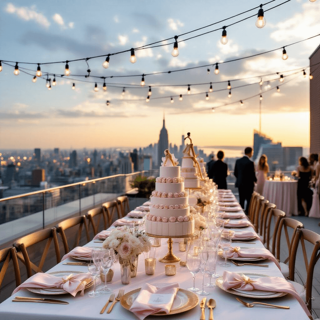 A chic rooftop terrace designed for a ballerina-themed sweet sixteen, featuring tables with white linens and gold cutlery, centerpieces of pointe shoes and orchids, a dessert bar with macarons and a birthday cake, and market lights overhead, all set against a sunset city skyline.