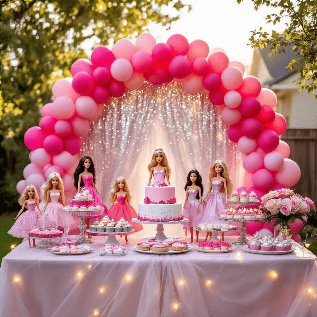 A whimsical Barbie-themed birthday party scene in a sunlit backyard featuring a pink ombré balloon arch, a dessert table with a tiered cake, cupcakes, and cookies in vibrant shades, and Barbie dolls as decorations, all illuminated by twinkling fairy lights.