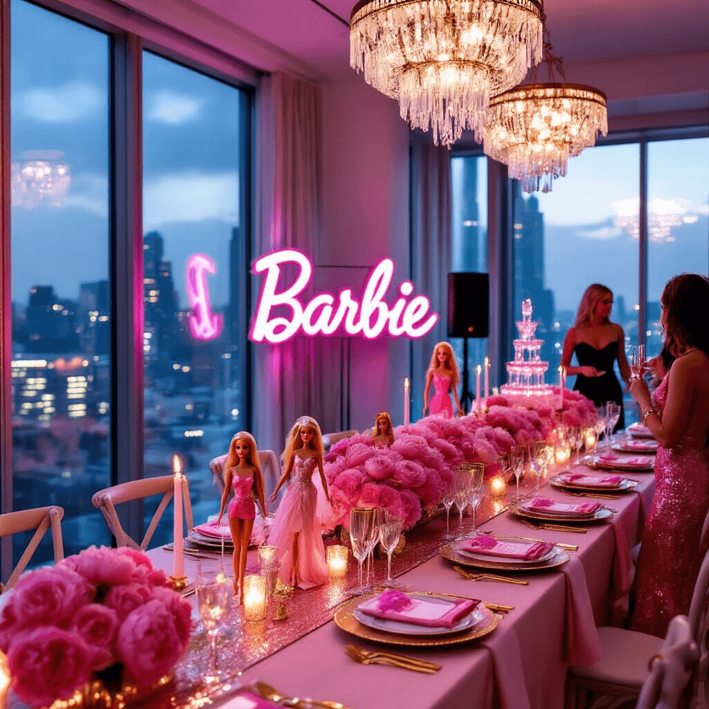 An elegant indoor celebration inspired by Barbie, featuring chic decor in a stylish apartment with city skyline views, tables adorned with blush linens, gold cutlery, and crystal flutes, vintage Barbie dolls and pink peonies as centerpieces, a neon 'Barbie' DJ booth, and guests in pink cocktail attire near a champagne tower, all under soft chandelier lighting.