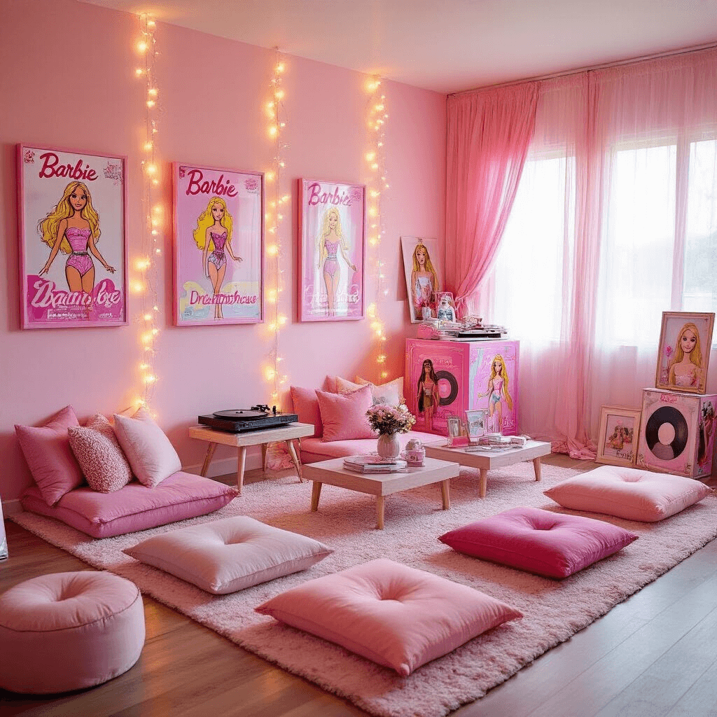 A cozy living room transformed into a Barbie dreamhouse, featuring pastel pink walls with oversized Barbie box frames, low tables surrounded by plush pink floor cushions, a DIY photo booth with a life-sized Barbie box, fairy lights, sheer curtains, and a vintage record player playing 80s hits, with nostalgic Barbie memorabilia displayed, all bathed in golden hour light.
