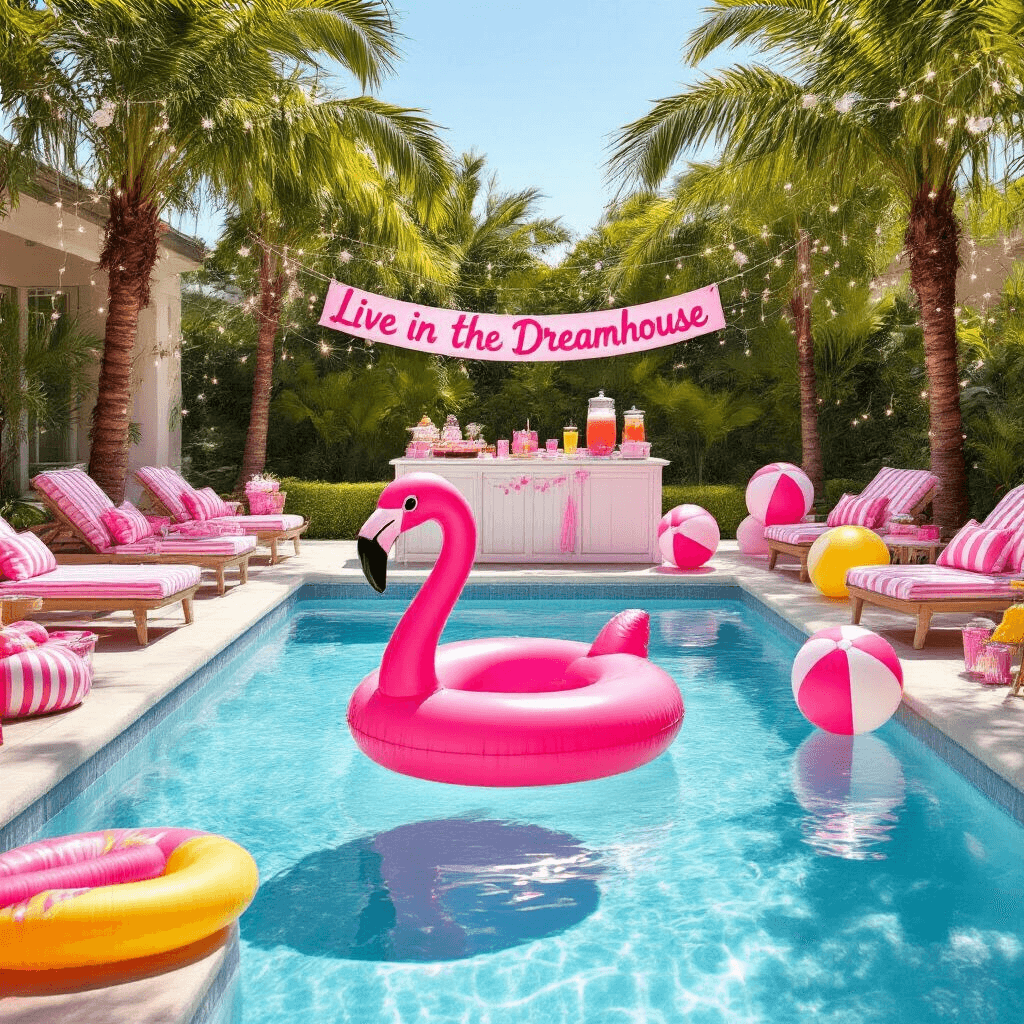 A vibrant outdoor scene of a Barbie pool party featuring a crystal-clear pool with a pink flamingo float, lounge chairs with pink and white striped cushions, a refreshment station with pink lemonade, colorful snacks, oversized beach balls, pool noodles, and palm trees adorned with fairy lights, all under bright sunlight with a 'Live in the Dreamhouse' banner.