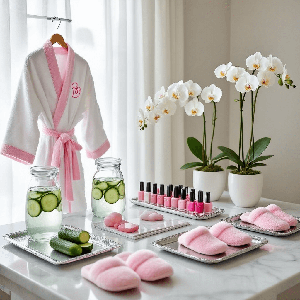 A serene Barbie-themed spa day setup featuring plush white robes with pink monograms, a nail polish station with an array of pink shades on a marble countertop, fluffy pink slippers, cucumber-infused water in glass dispensers, soft gauzy curtains, elegant orchids in white pots, and rose quartz face rollers on silver trays.
