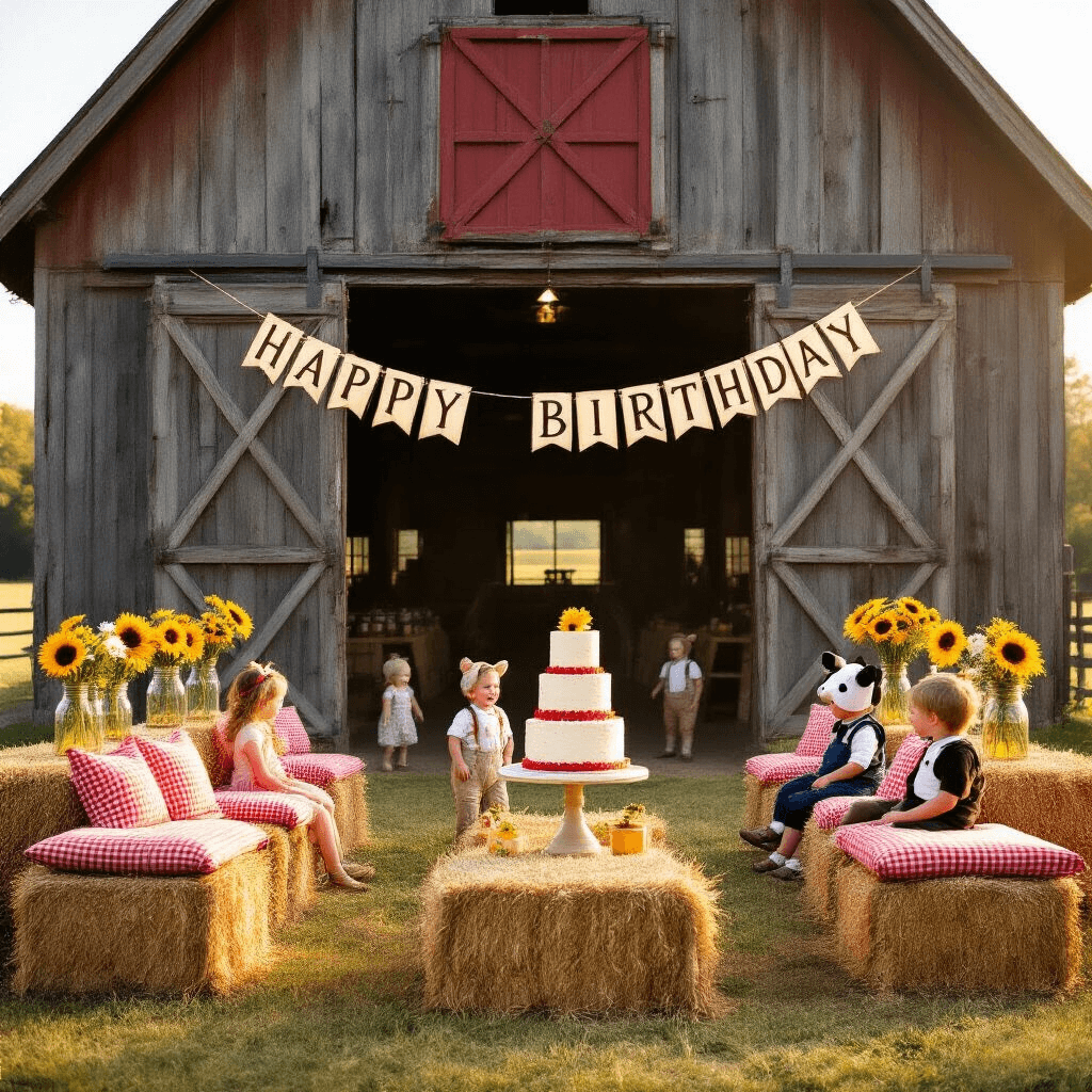 A barnyard birthday party scene with a rustic barn, a 'Happy Birthday' sign, hay bales with gingham cushions, mason jars of sunflowers, and a barn-shaped cake, while children in animal costumes play in golden hour light.