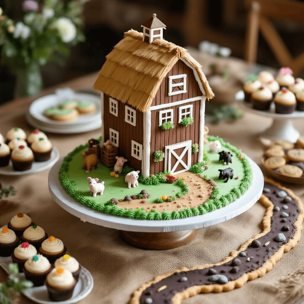An overhead view of a multi-level barn-shaped birthday cake with fondant details and miniature farm animals, surrounded by green buttercream 'pasture,' sugar flowers, and chocolate rocks, complemented by themed cupcakes and cookies arranged like a dirt road.