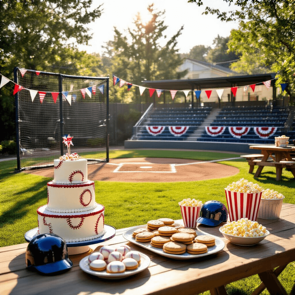 A sunny backyard transformed into a miniature baseball stadium for a child's birthday party, featuring a batting cage, bleacher seating with bunting, a concession stand, and a dessert table with a baseball diamond cake, cookies, and popcorn in mini batting helmets, all highlighted by soft afternoon light.