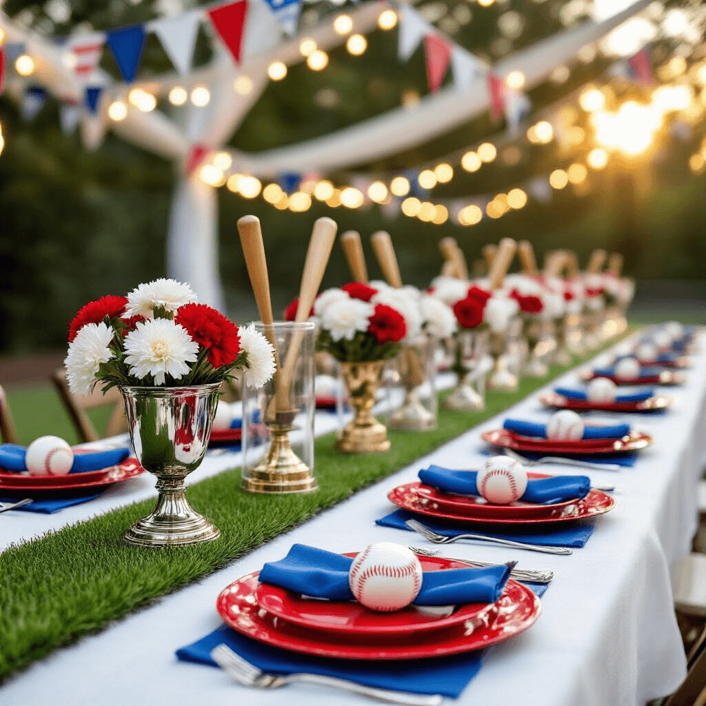 Close-up of a baseball-themed birthday party tablescape featuring a white linen tablecloth, faux grass runner, red plates, blue napkins shaped like baseball bats, and centerpieces of vintage metal trophies with flowers and glass cylinders with baseballs and bats, all under a canopy of string lights and pennant flags.