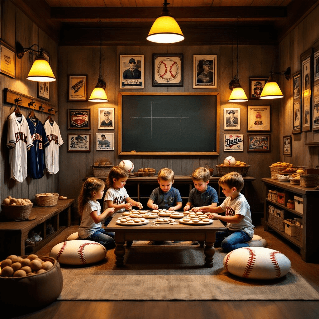 Indoor birthday party in a cozy living room styled like a retro baseball clubhouse, featuring kids decorating cookies at a low table, framed baseball memorabilia on the walls, a personalized jersey display, and a snack bar with classic stadium food, all bathed in warm ambient lighting.