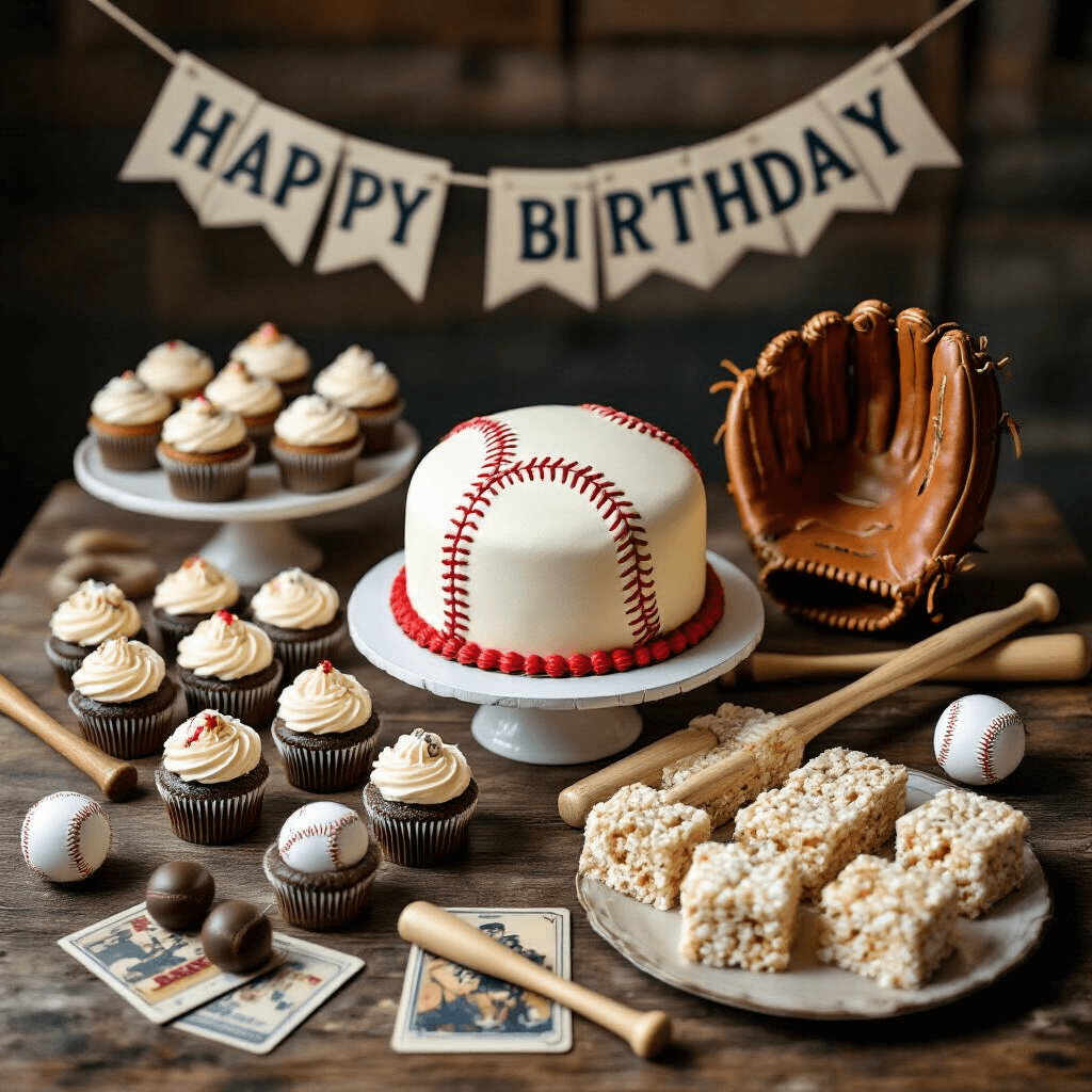 Overhead view of a rustic wooden table set for a baseball-themed birthday party, featuring a round cake resembling a baseball, baseball-stitched cupcakes, home plate-shaped rice crispy treats, and chocolate-covered strawberries. The scene includes vintage baseball cards, small wooden bats, and leather gloves, with a 'Happy Birthday' banner in classic baseball font above, illuminated by soft natural light.