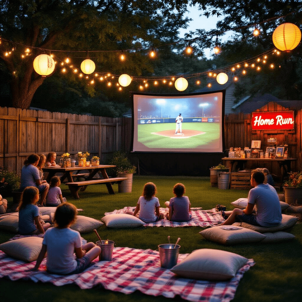 A cozy twilight baseball birthday party with string lights and paper lanterns illuminating the backyard, featuring a movie screen showing a classic film, kids on picnic blankets, adults at high-top tables with mini baseball bat centerpieces, and a photo booth area with vintage memorabilia and a neon 'Home Run' sign.