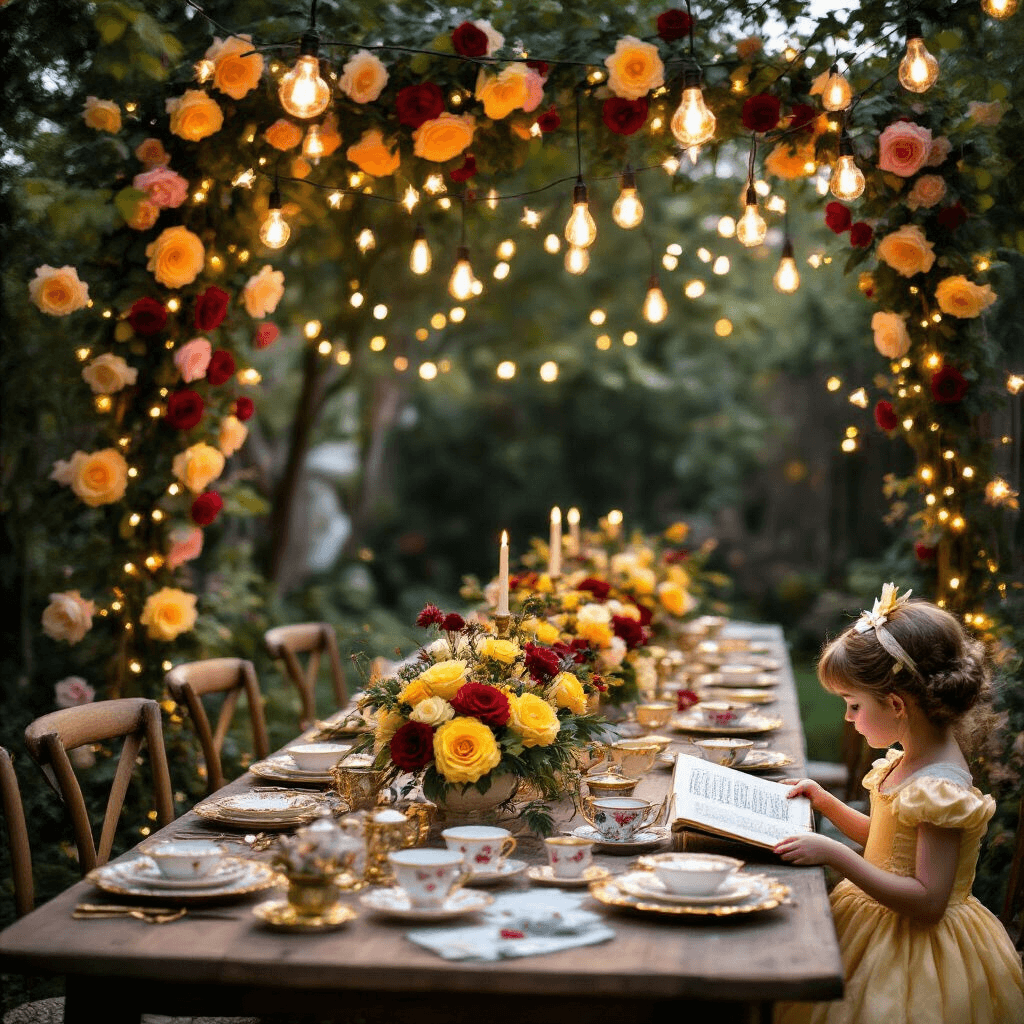 An enchanting backyard garden party inspired by Beauty and the Beast, featuring a long farmhouse table adorned with vintage china, gold-rimmed teacups, and floral centerpieces in yellow and red. Cascading paper roses and fairy lights create a whimsical backdrop, while strings of Edison bulbs illuminate the scene. A child in a Belle costume reads from an oversized storybook in the foreground, with a focus on the intricate table details and a softly blurred magical background.