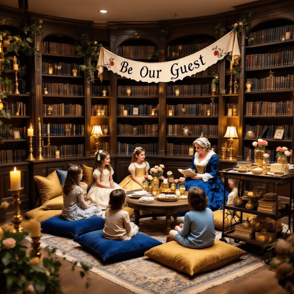 A cozy living room transformed into a birthday celebration inspired by Belle's library, featuring bookshelves filled with books, gold-sprayed candlesticks, and enchanted roses in jars. A low table surrounded by plush cushions in rich blues and golds sits at the center, with a 'Be Our Guest' banner overhead and a cart of storybook-themed treats nearby. Soft lighting and candles create a warm atmosphere as children enjoy a storytelling session led by a costumed character.