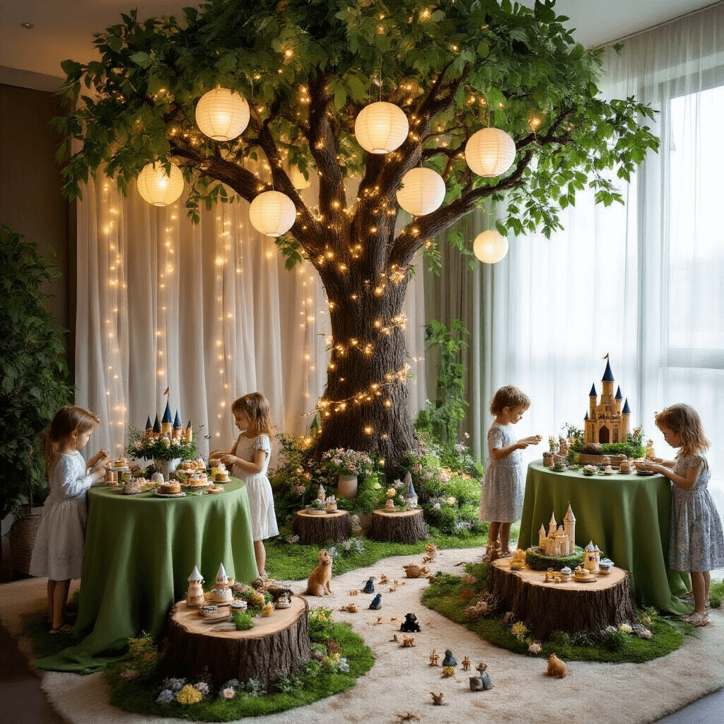 Enchanted forest-themed birthday party in a modern apartment, featuring a faux tree with twinkling lights, moss-green table linens, woodland flower centerpieces, a dessert table resembling a log, and children participating in a treasure hunt.