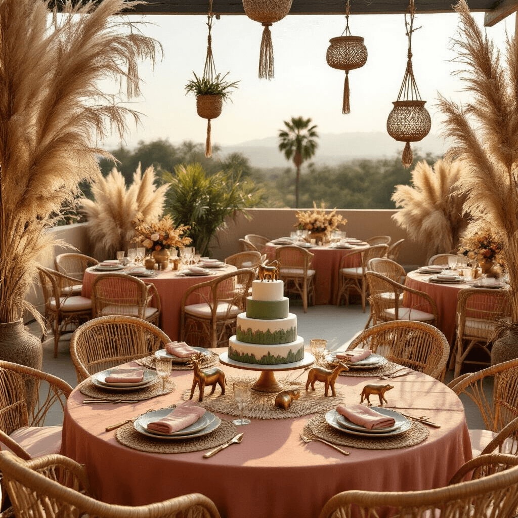 A boho safari oasis rooftop terrace featuring round terracotta-draped tables with macramé runners and brass animal figurines, surrounded by rattan chairs with blush pink cushions, framed by dried pampas grass and hanging macramé planters, with a dessert cart displaying a sage green fondant tiered cake, all illuminated by soft golden hour light against a city skyline backdrop.