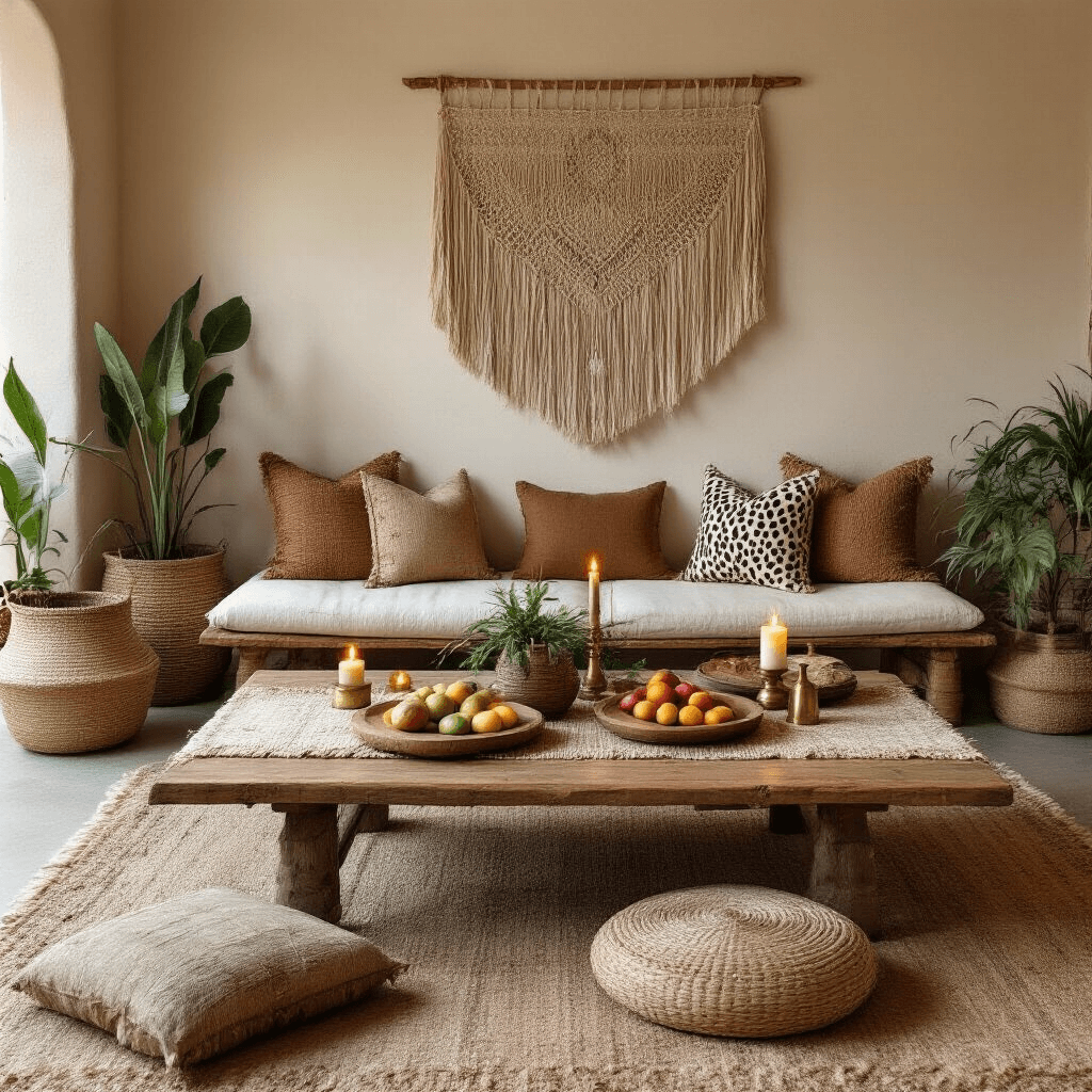 A cozy boho safari celebration setup in a living room, featuring a low coffee table with earthy decor, plush floor cushions, and warm candlelight, all framed by a large macramé wall hanging and lush plants.