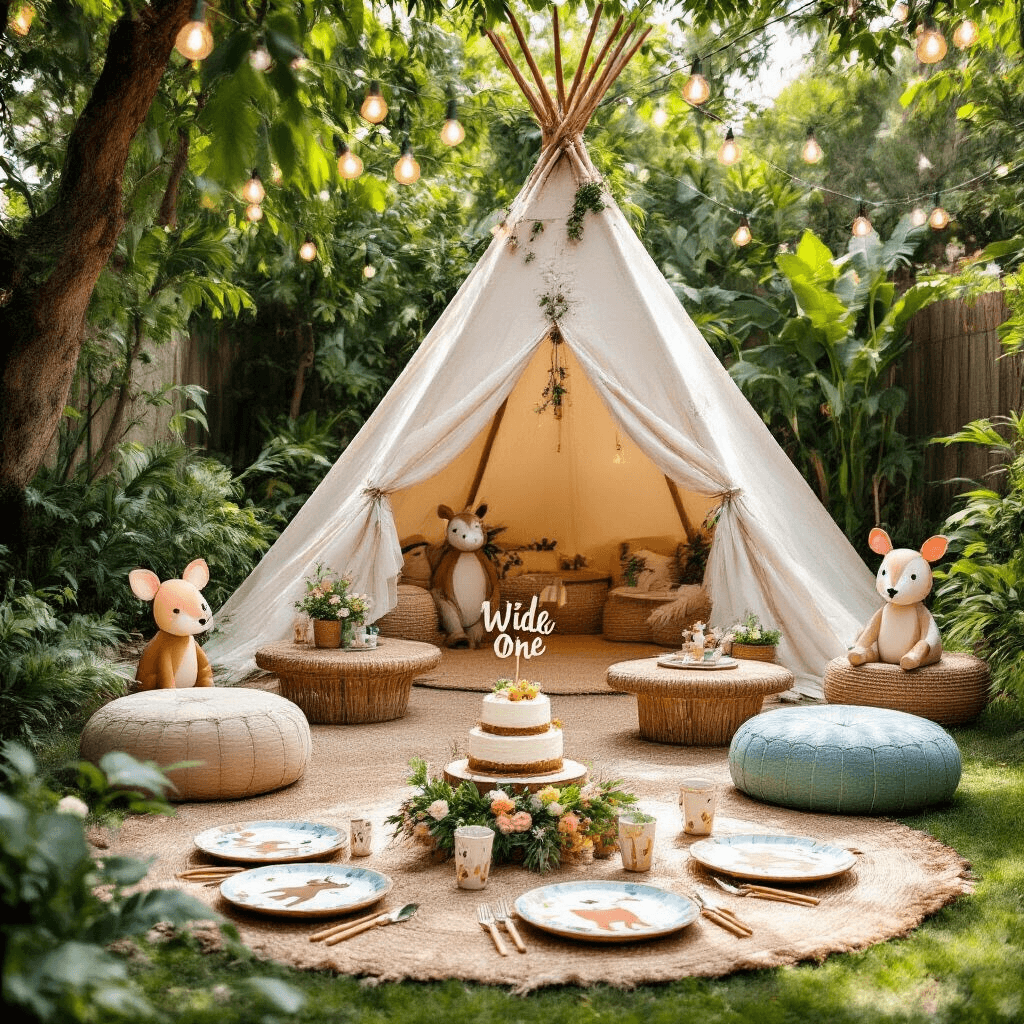 A whimsical children's boho safari party in a sun-dappled backyard, featuring a teepee tent, colorful pouf seating, handmade animal cutouts, and a dessert table with a naked cake. Fairy lights overhead create a dreamy ambiance, while illustrated safari animal plates and bamboo cutlery are visible in the foreground.