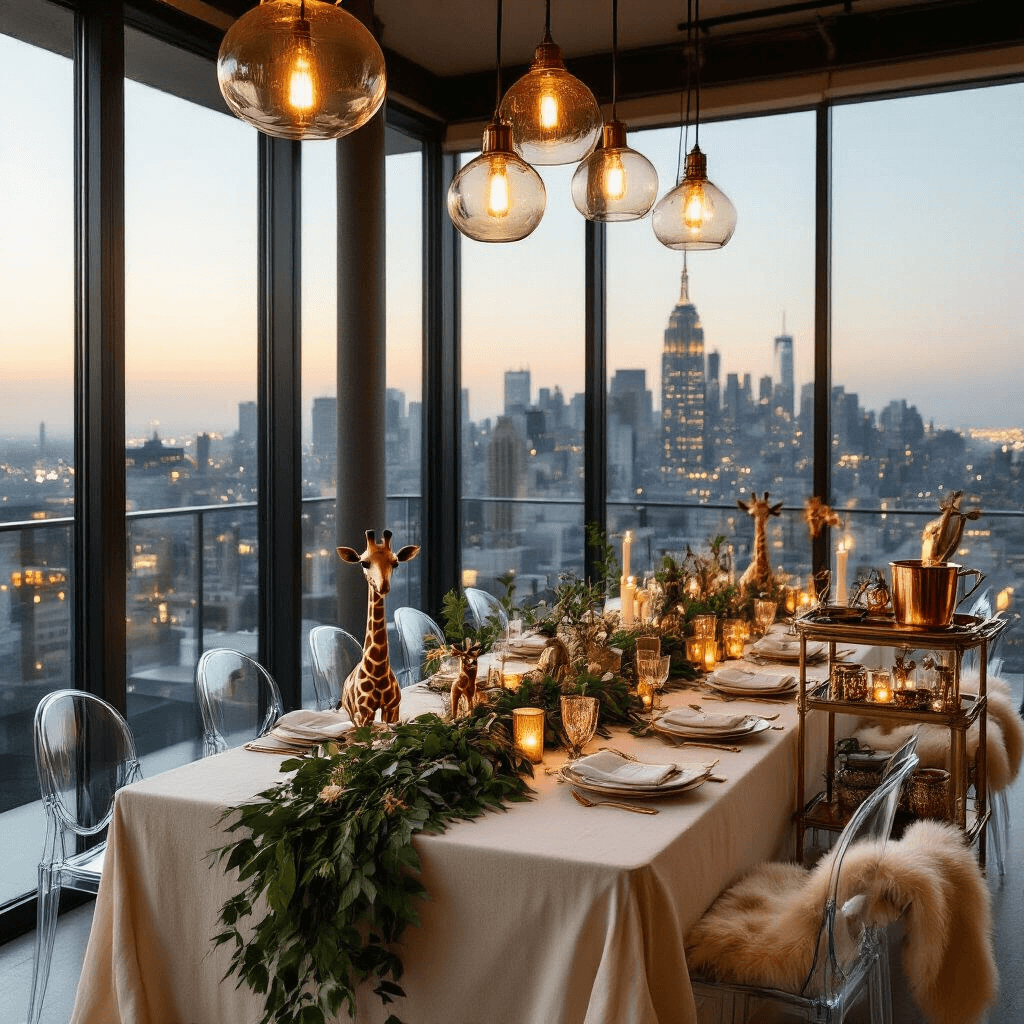 An elegant evening boho safari soirée in a glass-walled modern apartment, featuring long tables with ivory linens, lush greenery, brass candle holders, and ghost chairs, with a twinkling cityscape backdrop and warm ambient lighting.