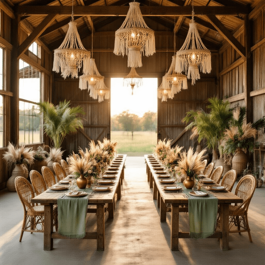 A beautifully decorated rustic barn for a boho safari celebration, featuring sunlight streaming through open doors, macramé chandeliers, long farmhouse tables with sage green runners and vibrant floral centerpieces, rattan peacock chairs for a photo booth, and gold-painted animal figurine place card holders, all illuminated in warm golden hour light.