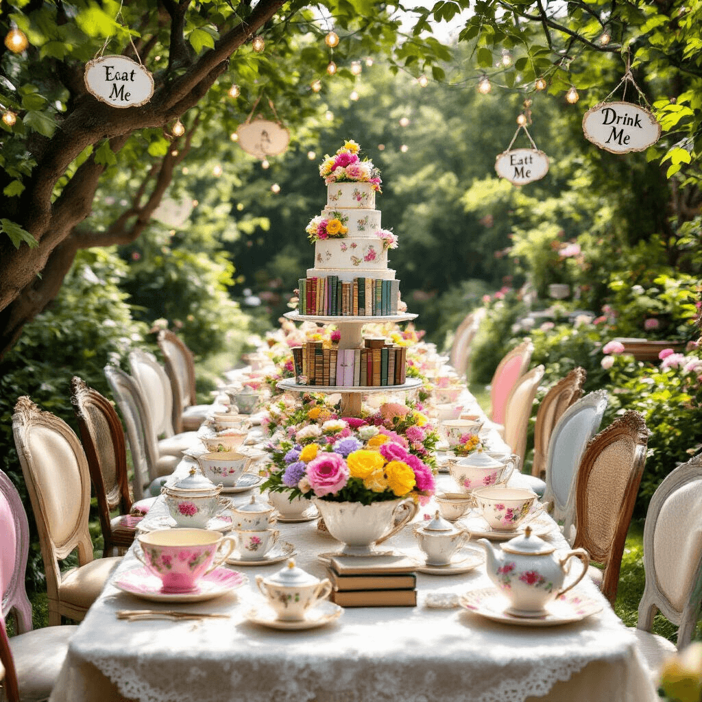 A whimsical Alice in Wonderland tea party in a sun-drenched garden, featuring oversized pastel teacups filled with flowers, mismatched vintage chairs, ivory lace tablecloths, stacks of old books as centerpieces, delicate china teapots, gold-rimmed dessert plates, and a tiered cake resembling colorful book spines, all illuminated by soft fairy lights.