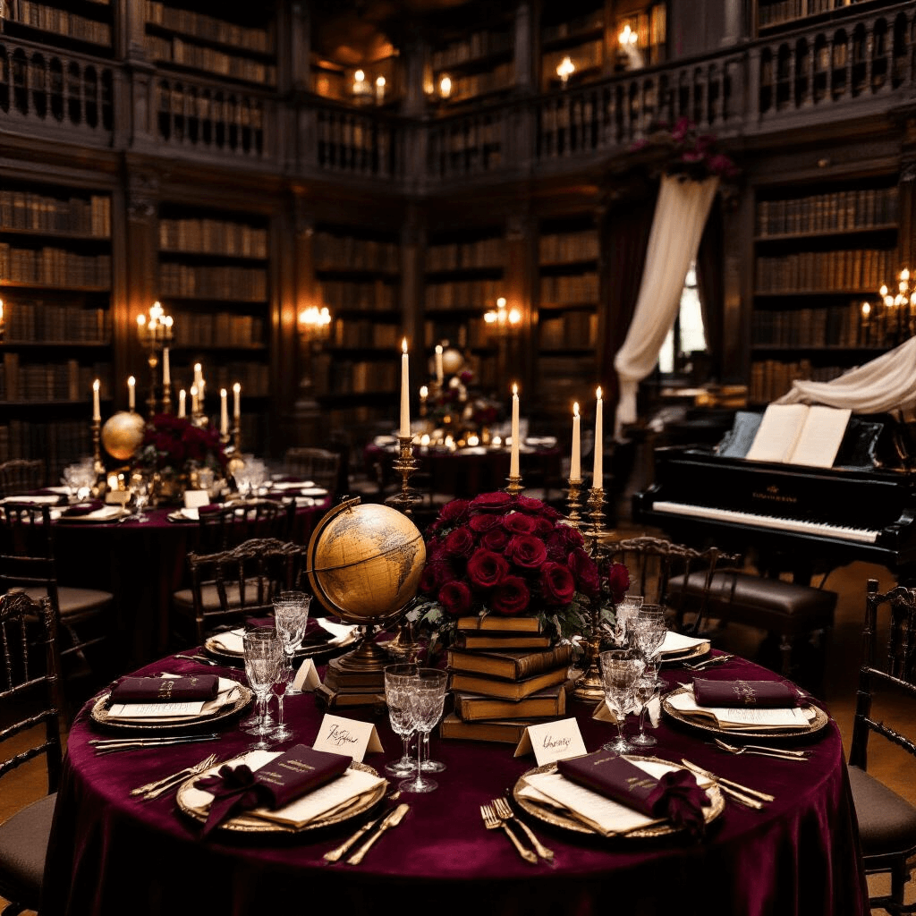 An elegant soirée in a historic library with mahogany bookshelves, velvet-draped tables featuring antique centerpieces, personalized book favors, and a grand piano, all illuminated by warm, low lighting.