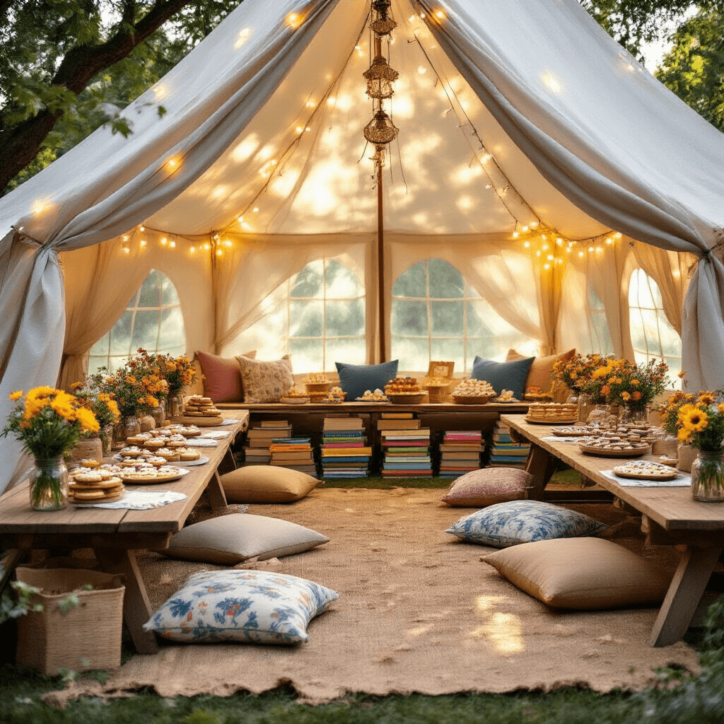 A whimsical backyard celebration of a children's book features a cozy tent with fairy lights, plush pillows, and colorful storybooks. Picnic tables are adorned with burlap runners, mason jar wildflowers, and wooden signs with book quotes. A dessert cart displays storybook-themed treats as the warm golden hour light highlights joyful young guests.