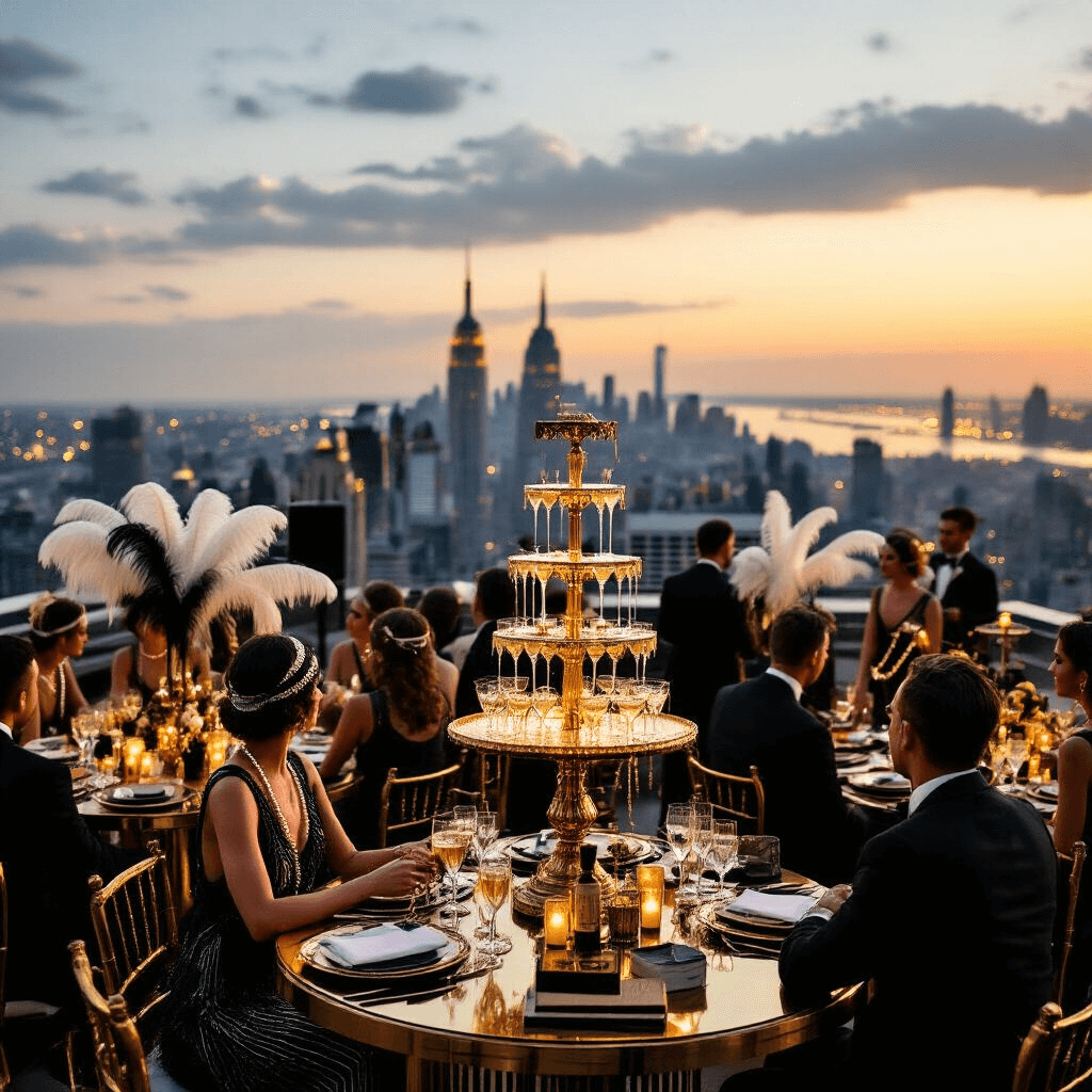 A glamorous rooftop party inspired by 'The Great Gatsby' featuring art deco decor, such as gold and black accents, a champagne tower, feather centerpieces, and pearls, with guests in 1920s attire mingling amidst a stunning city skyline at sunset.