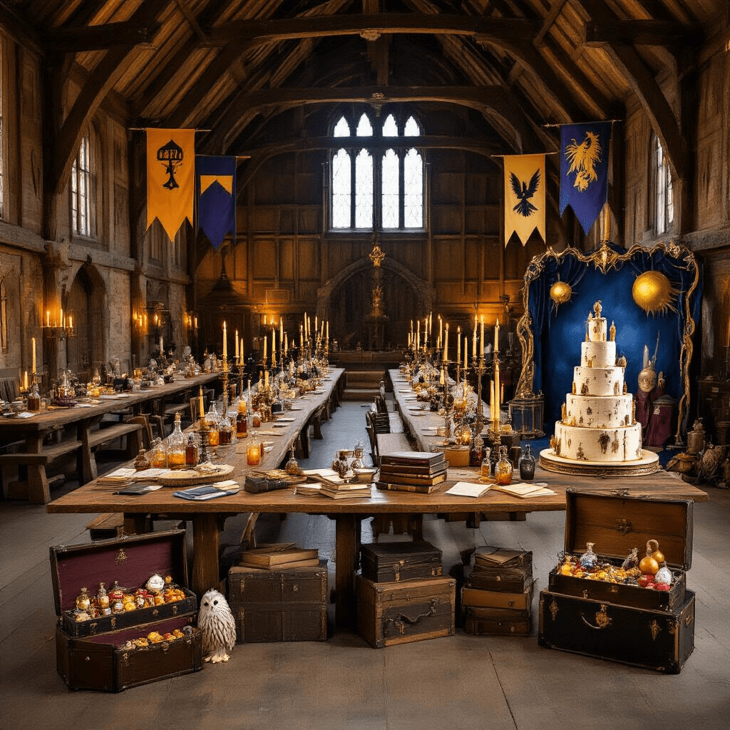 An enchanting 'Harry Potter' themed celebration in a rustic barn with wooden tables, floating candles, house banners, potion bottles, and owl figurines. A 'Honeydukes' sweet shop display, a Quidditch-themed photo booth, and trunks filled with wands create a magical atmosphere, highlighted by dramatic candlelit decor. A magnificent tiered cake resembling ancient spell books is the centerpiece.
