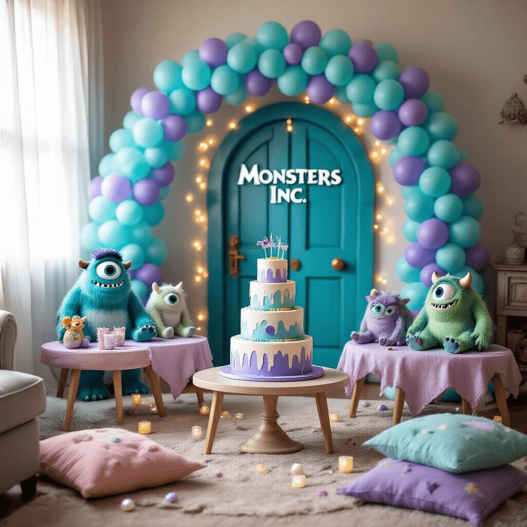 Boo Birthday Party: The Ultimate Guide to Throwing a Magical Celebration A cozy living room decorated for a Boo-themed birthday party from Monsters, Inc., featuring a teal and purple balloon arch, plush monster toys on pastel linens, a tiered cake shaped like Boo's door, glittery cake pops, twinkling fairy lights, and 'monster fur' pillows.