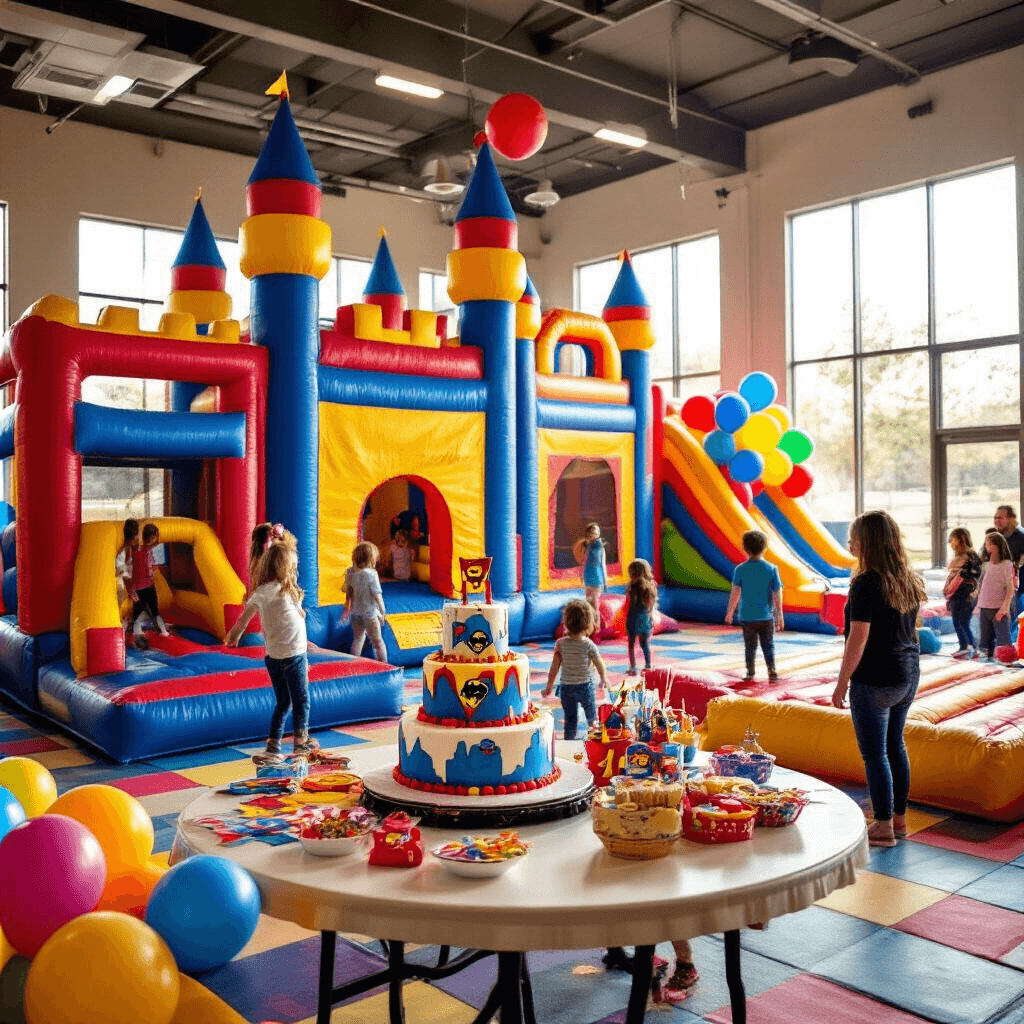 A lively indoor bounce house party with colorful inflatables, children playing excitedly, a superhero-themed cake on a decorated table, and parents chatting near a refreshment station, all illuminated by soft afternoon light.