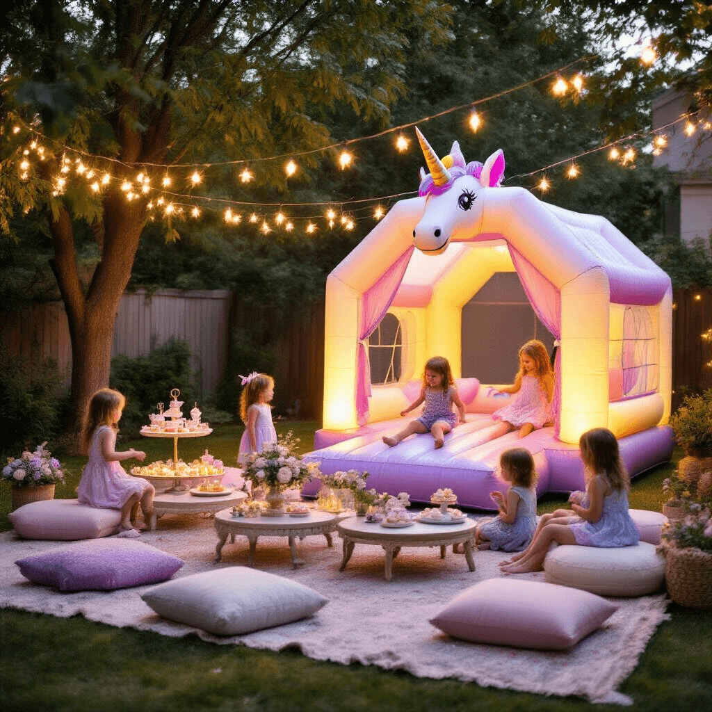 An elevated view of a whimsical backyard celebration featuring a unicorn-shaped bounce house surrounded by cozy seating, twinkling fairy lights, and floral decorations, as children enjoy treats and bounce joyfully in the warm golden hour light.