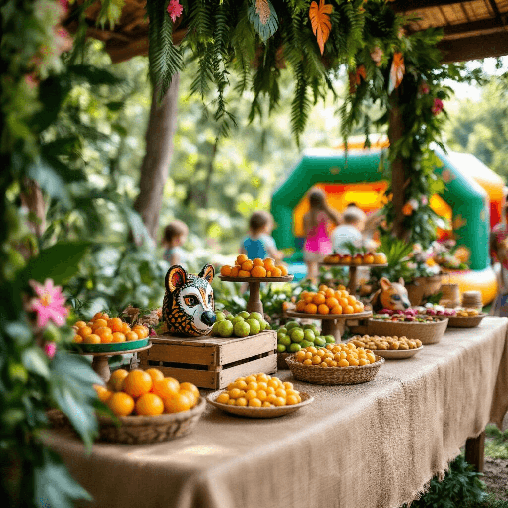 A vibrant jungle-themed bounce house party setup featuring a burlap tablecloth adorned with wooden crates of tropical fruits and snacks, surrounded by lush greenery, exotic flowers, and playful animal masks, with children bouncing in a jungle-inspired inflatable in the background.
