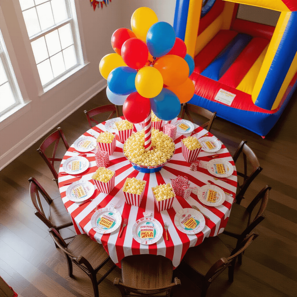 An overhead view of a vibrant carnival-themed bounce house party featuring a central table with a red and white striped cloth, adorned with colorful balloon centerpieces, surrounded by party favors, popcorn boxes, and carnival games, set against a warm hardwood floor, with a bouncy castle and guests visible at the edges.