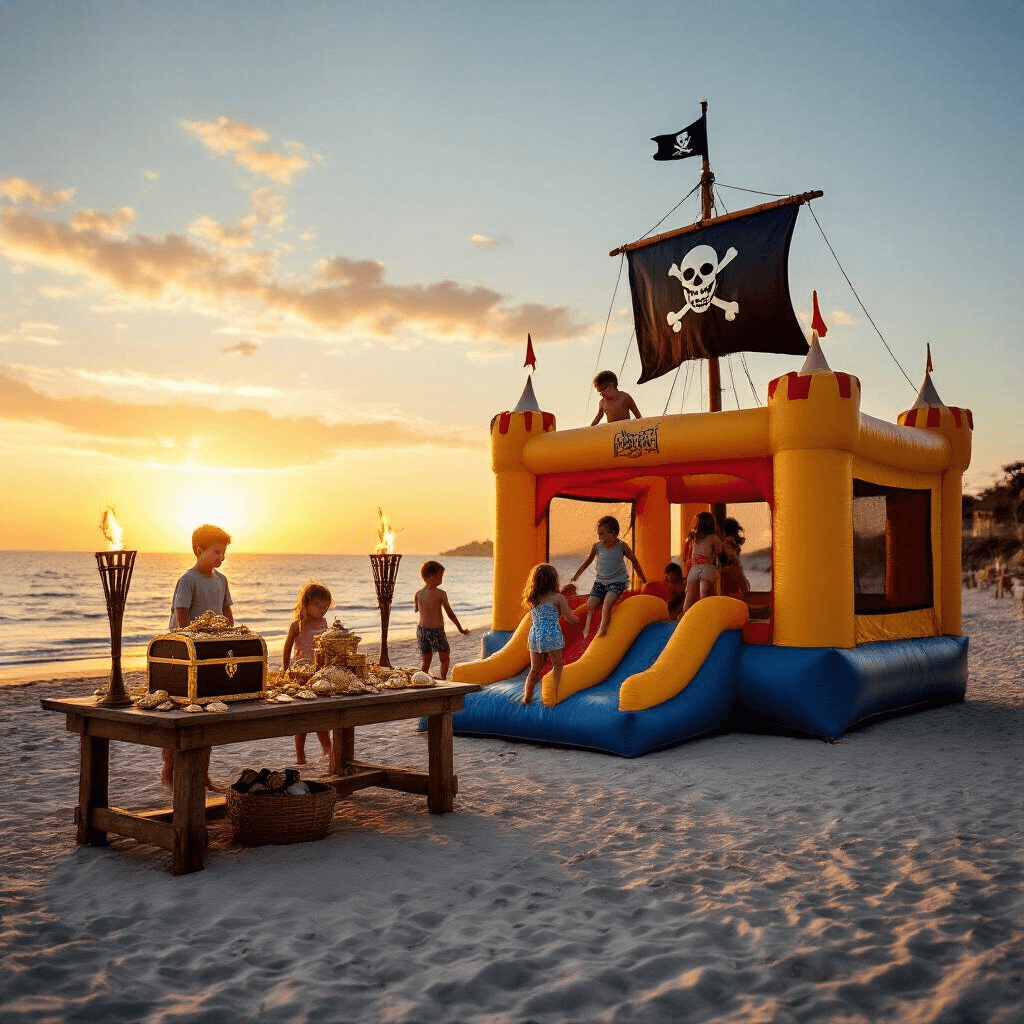 A vibrant beachfront scene at golden hour featuring a pirate ship-shaped bounce house with children playing, a treasure chest cake on a rustic table, tiki torches flickering, and the sparkling ocean in the background.