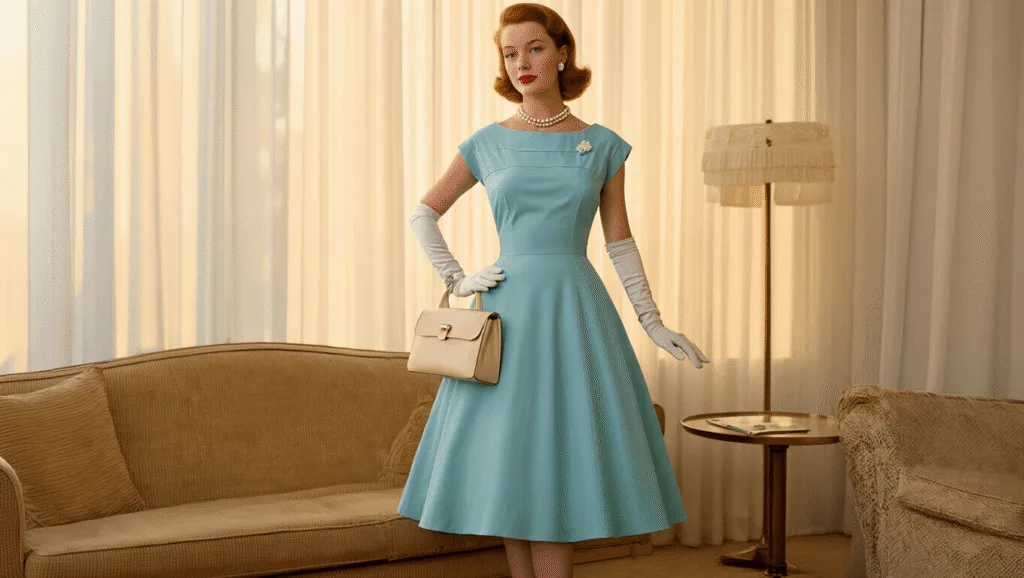 A 1950s fashion model in a powder blue tea-length dress, wearing white gloves and pearls, poses beside a mid-century modern sofa with sheer curtains in a warm, golden hour light, holding a cream handbag.