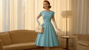 A 1950s fashion model in a powder blue tea-length dress, wearing white gloves and pearls, poses beside a mid-century modern sofa with sheer curtains in a warm, golden hour light, holding a cream handbag.