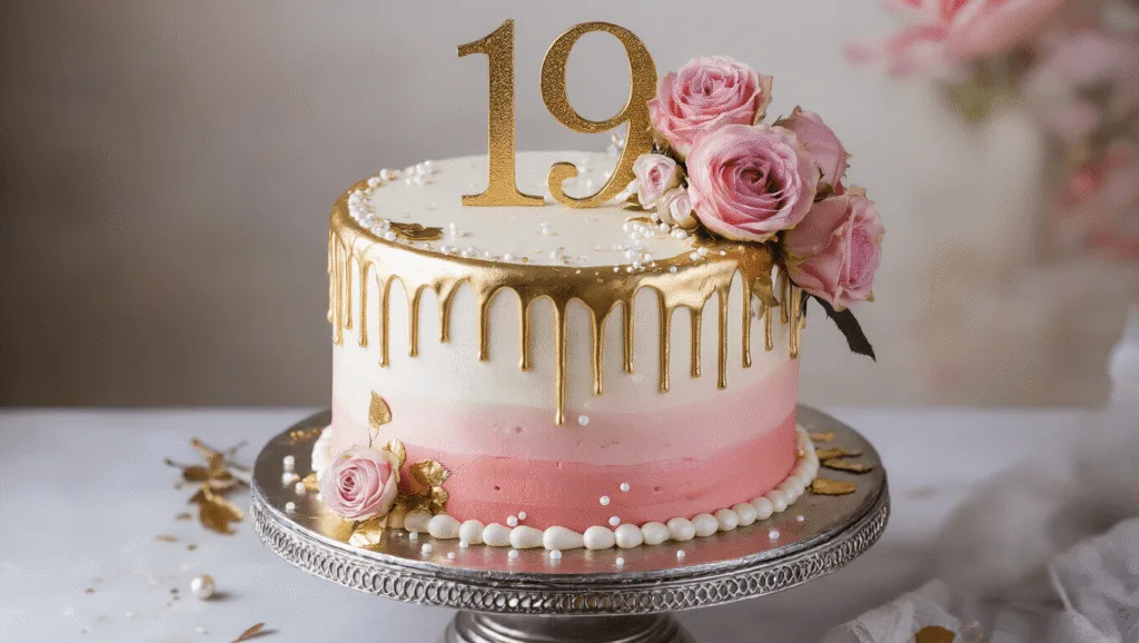 A two-tier birthday cake with ombre blush pink to pearl white frosting, gold drip details, and a metallic gold "19" topper, adorned with fresh pink roses and gold leaf accents, displayed on an ornate silver stand against a softly blurred background.