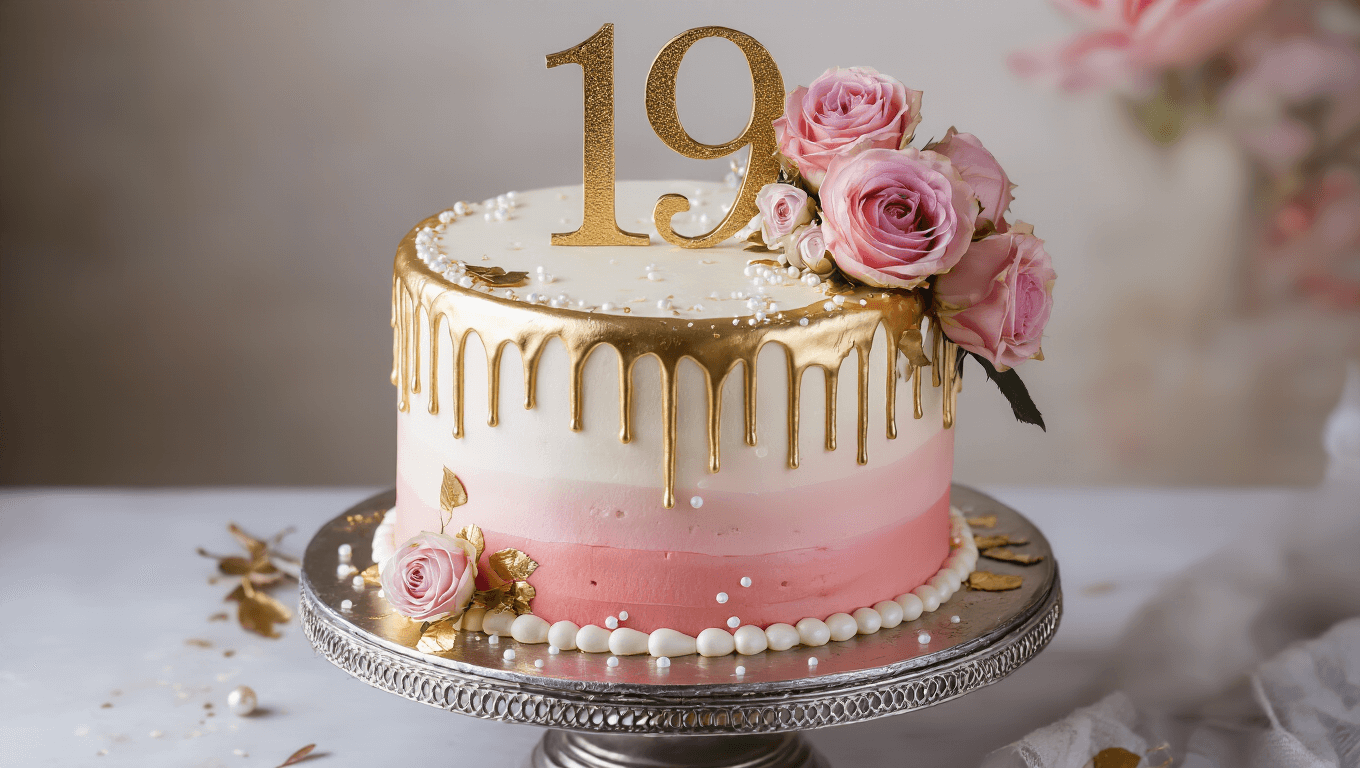 A two-tier birthday cake with ombre blush pink to pearl white frosting, gold drip details, and a metallic gold "19" topper, adorned with fresh pink roses and gold leaf accents, displayed on an ornate silver stand against a softly blurred background.