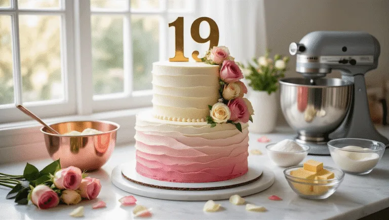 A luxurious two-tier birthday cake with ombré blush pink to white buttercream frosting on a marble countertop, adorned with a gold "19" topper and cascading garden roses. The scene includes scattered rose petals, a copper mixing bowl, measured ingredients in glass bowls, and a KitchenAid mixer, all bathed in soft, natural light with a shallow depth of field.
