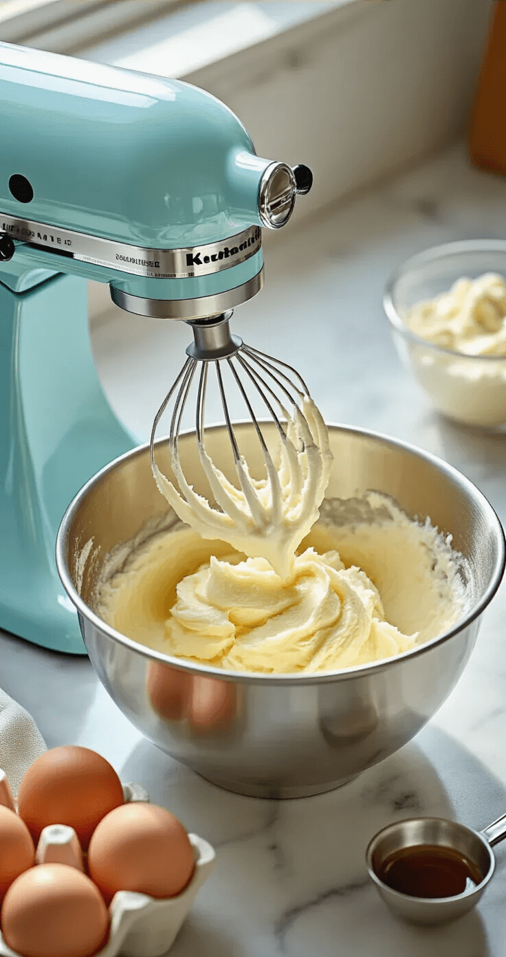 Close-up of a mixing bowl with creamy butter and sugar being whipped, with fresh eggs and vanilla extract on a marble countertop; a pastel blue KitchenAid mixer is in the background.