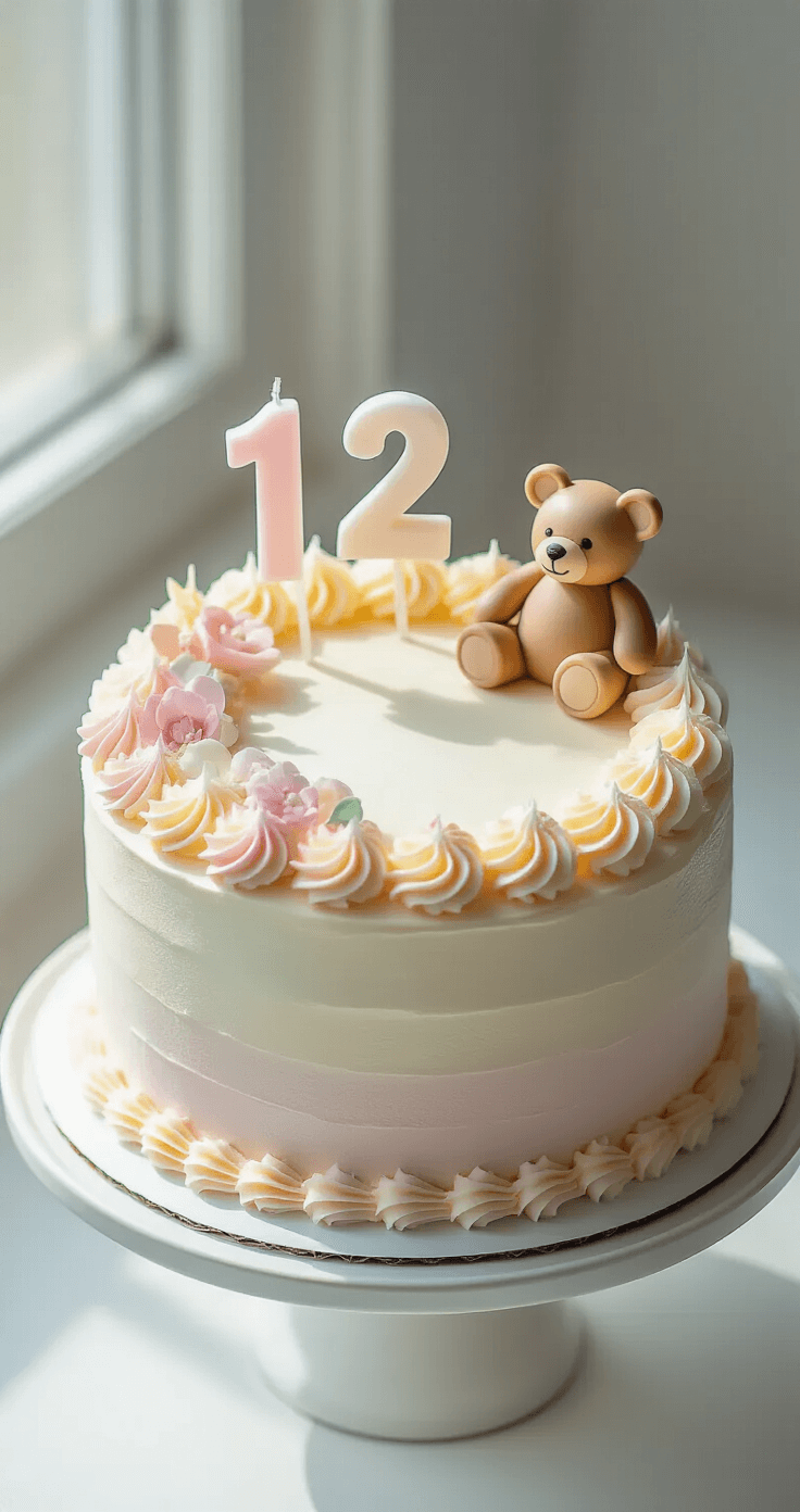 Top-down view of a 6-inch round half birthday cake with pastel frosting swirls, featuring a half-moon design, a small teddy bear topper, and a '1/2' candle, all set on a white ceramic stand in soft natural light.