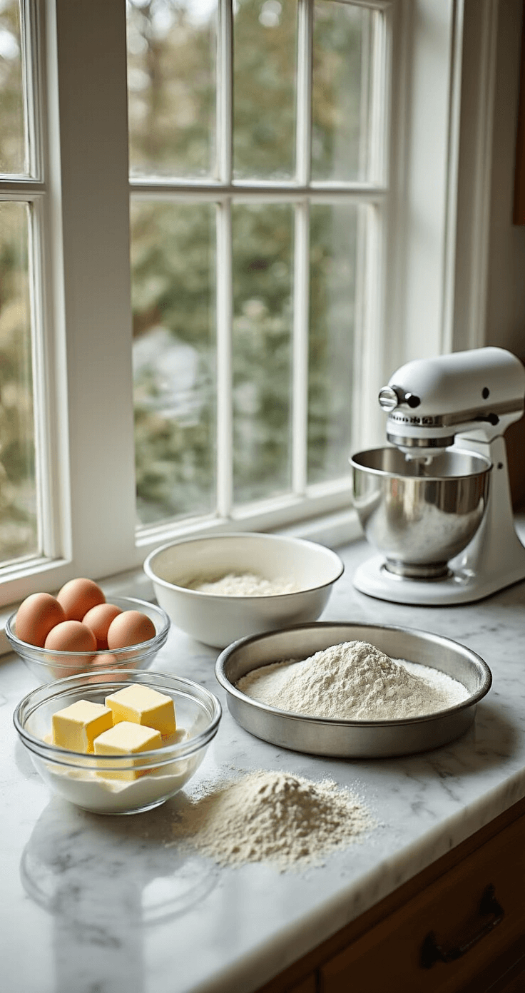 A bright kitchen countertop scene with measured ingredients in glass bowls, including softening butter and farm-fresh eggs, with a light dusting of sifted flour. Two greased 9-inch cake pans and a professional electric mixer are ready, illuminated by natural morning light.